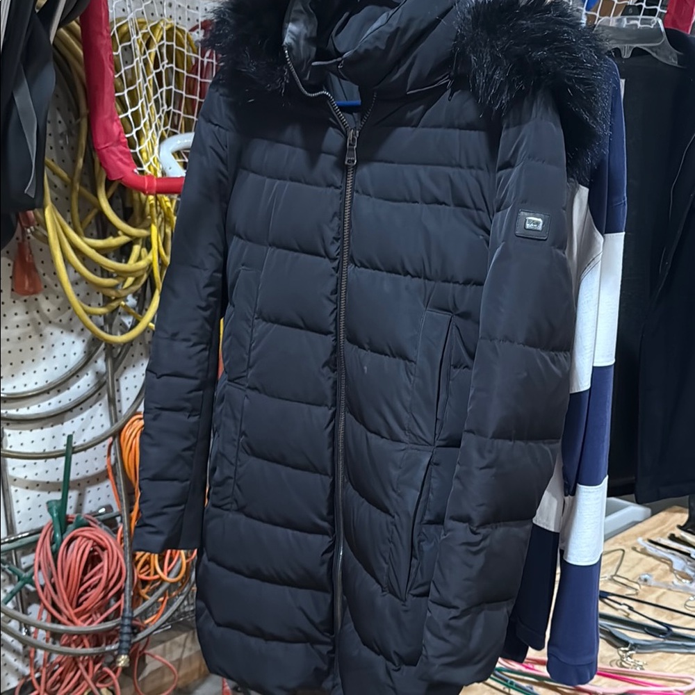 DKNY Black Puffer Coat with Fur Hood